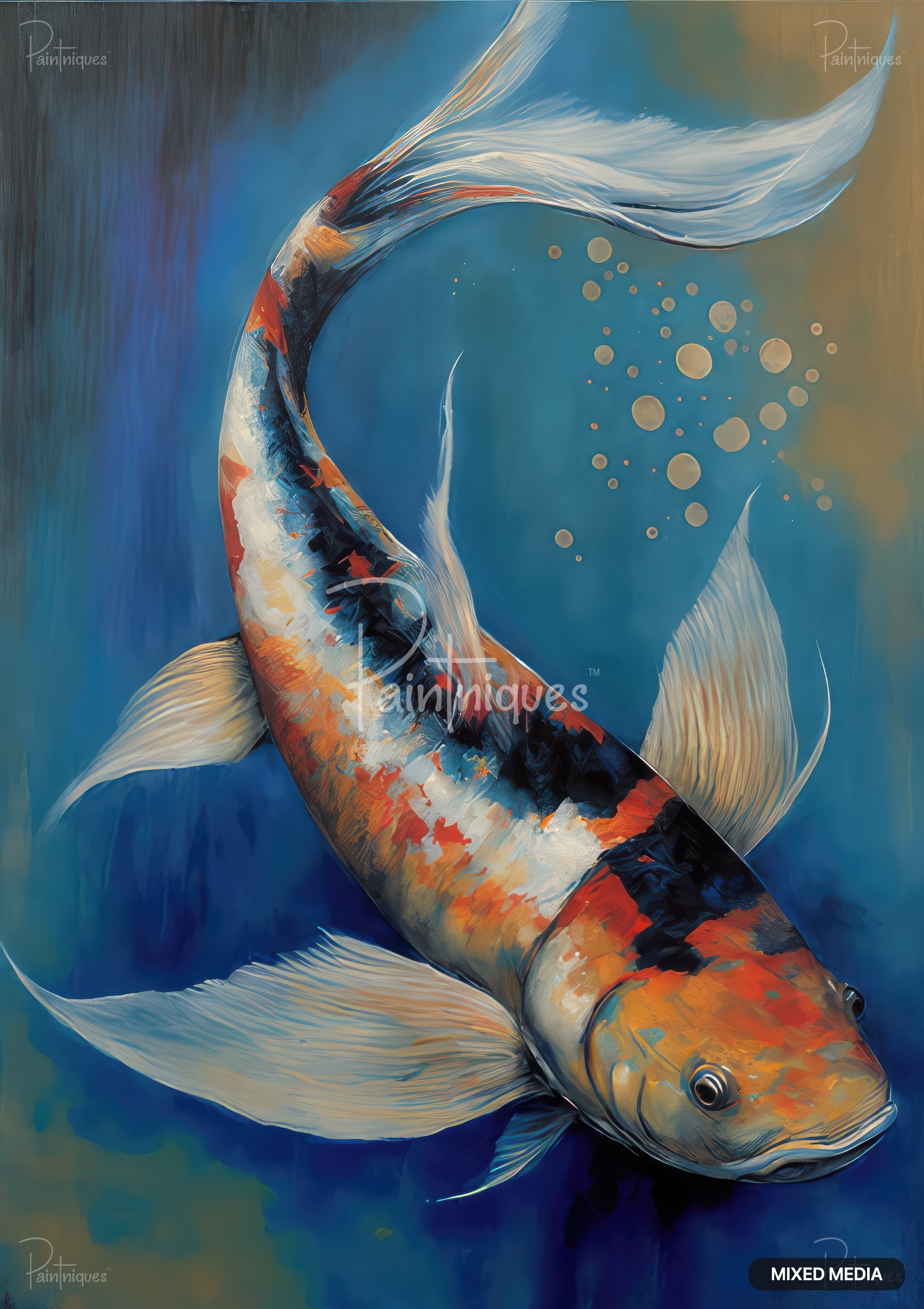 Acrylic painting of an orange, black, and white koi fish, swimming up, with air bubbles to the right.
