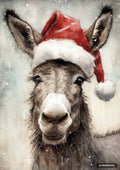 Watercolor-style illustration of a donkey's face wearing a red and white Santa hat, with light snow falling.