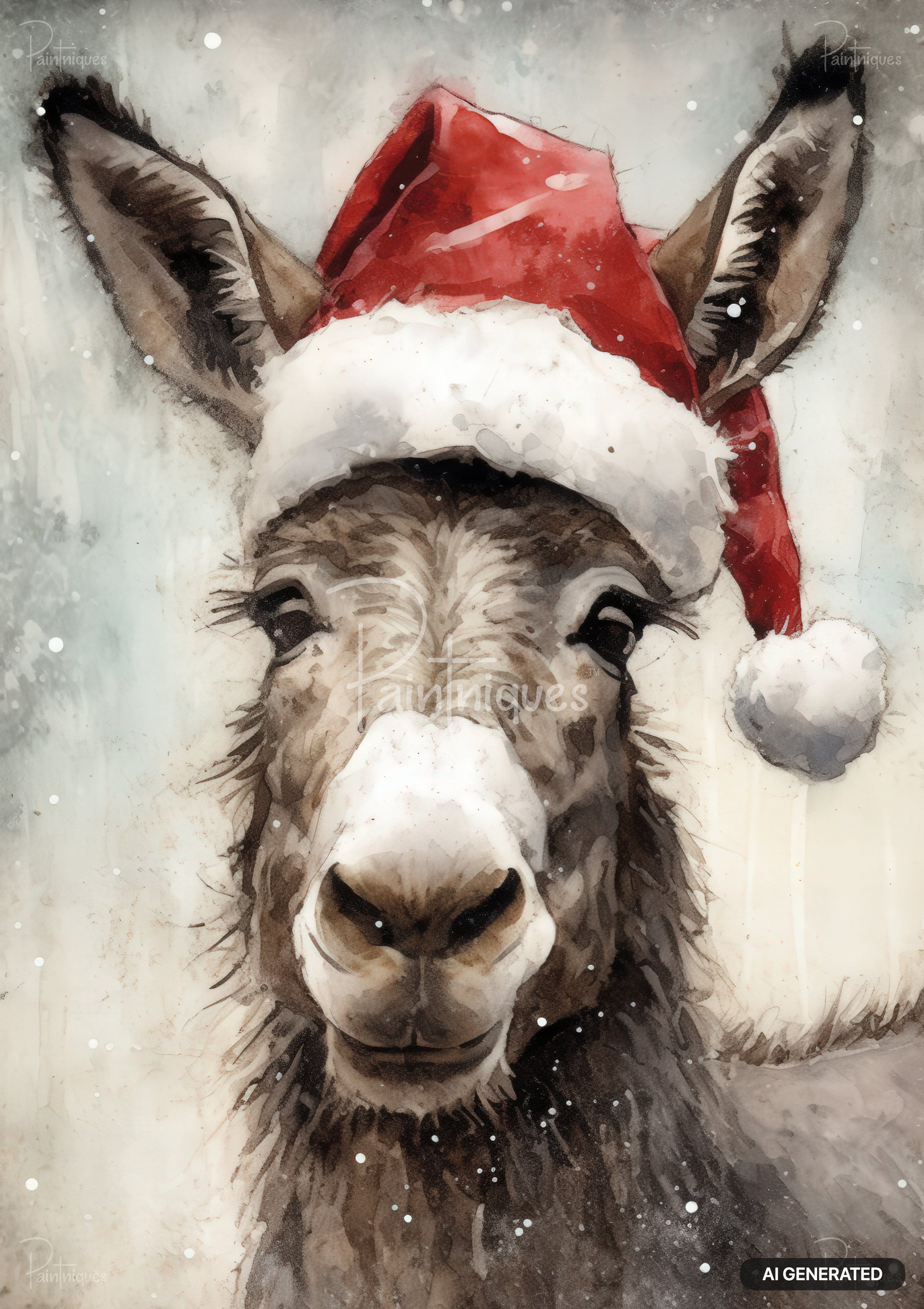 Watercolor-style illustration of a donkey's face wearing a red and white Santa hat, with light snow falling.