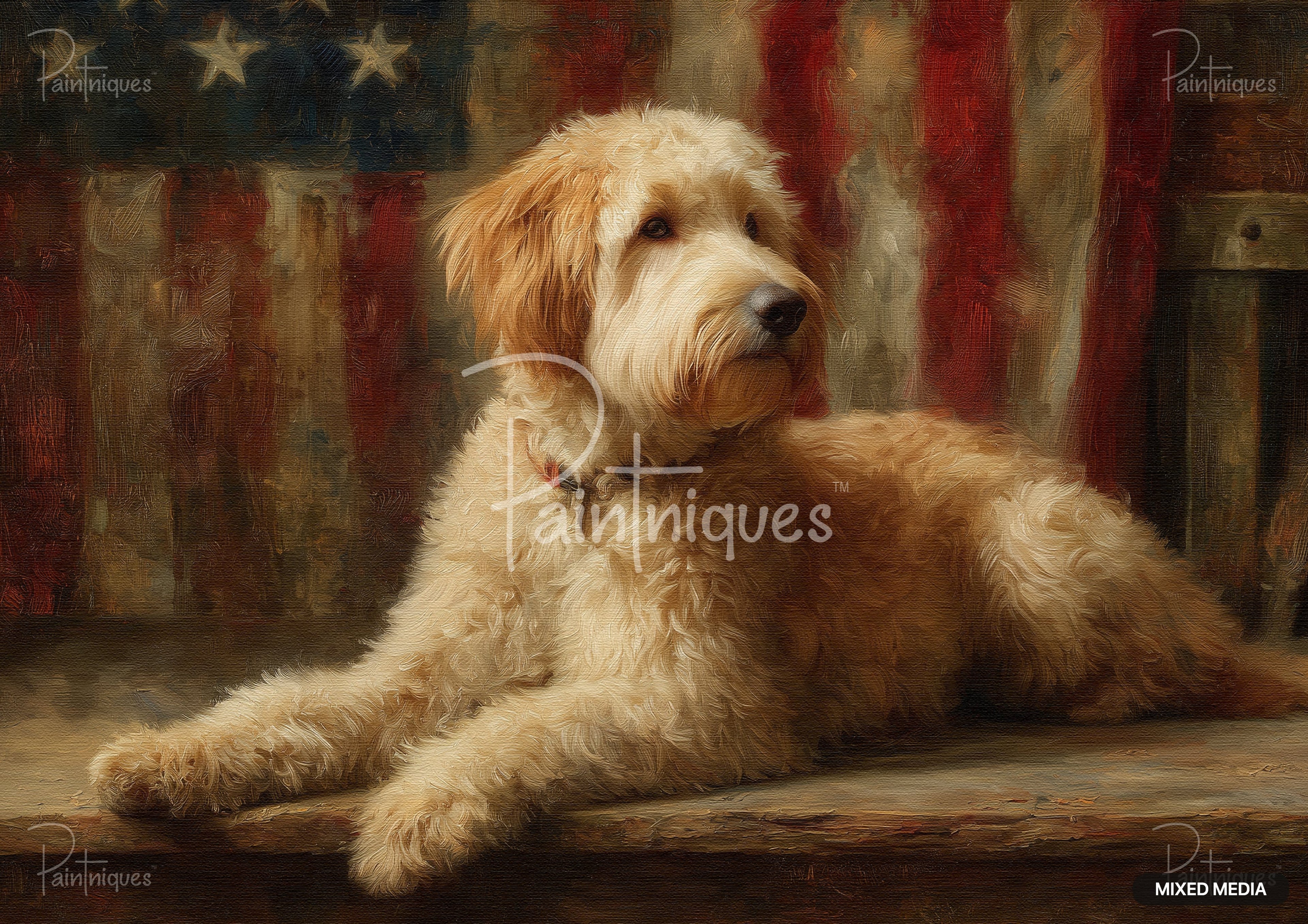 An oil painting of a fluffy golden doodle lying on wood, with an aged American flag in the background.