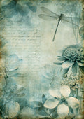 Teal-tinted vintage botanical collage with large flower, dragonfly and faded handwritten script.