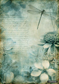 A vintage look collage of flowers and dragonflies on a script background in shades of green, blue, and cream.