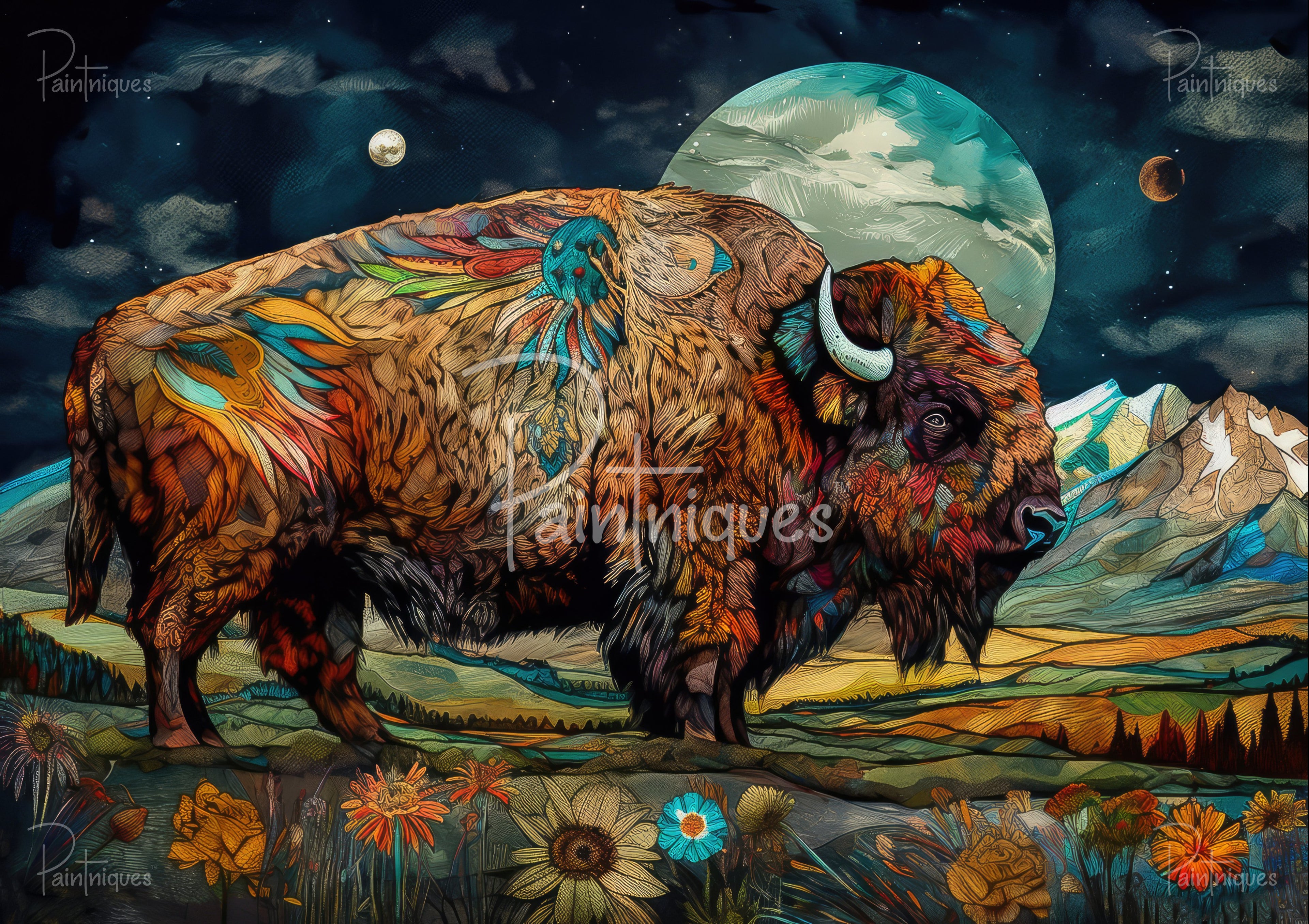 Stylized multicolored bison with decorative feathers in a flower-filled meadow under a moonlit, starry sky and mountains