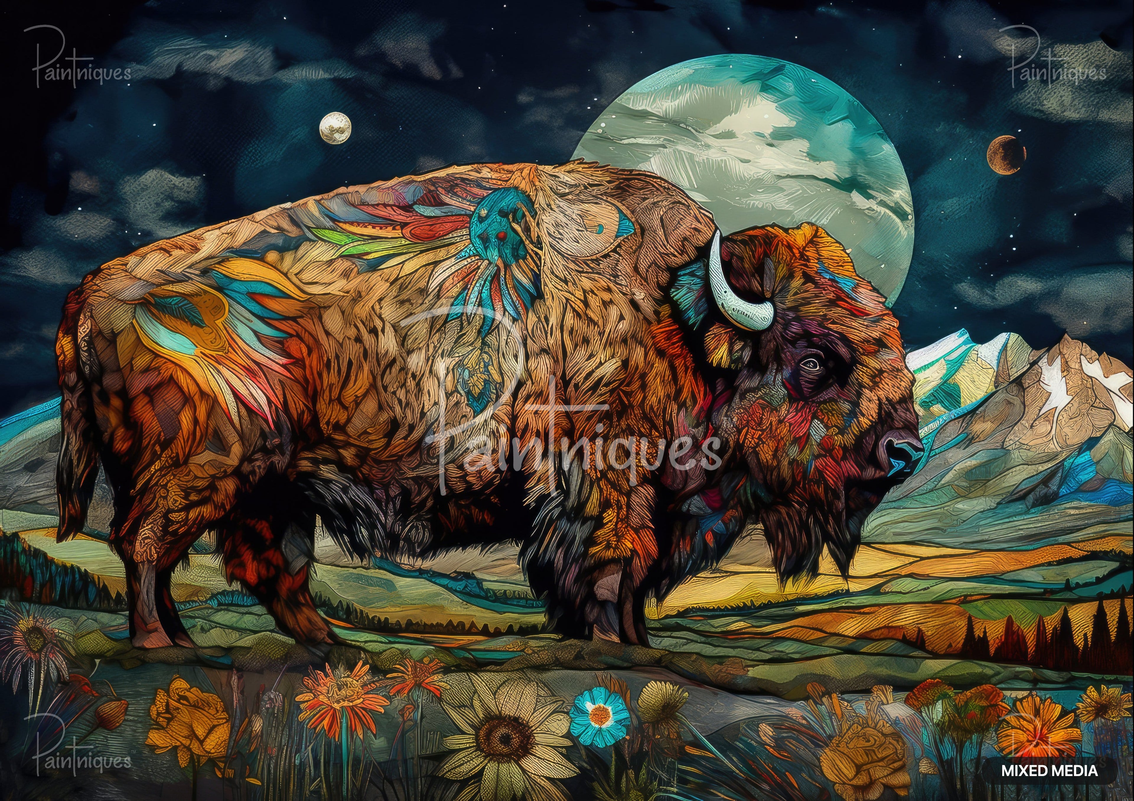 A colorful bison stands in a field of flowers under a starry, cloudy sky, with mountains and moons in the background.