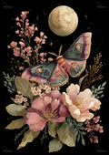 Pink-and-teal moth over pink peonies and foliage beneath a textured moon on black, star-flecked background