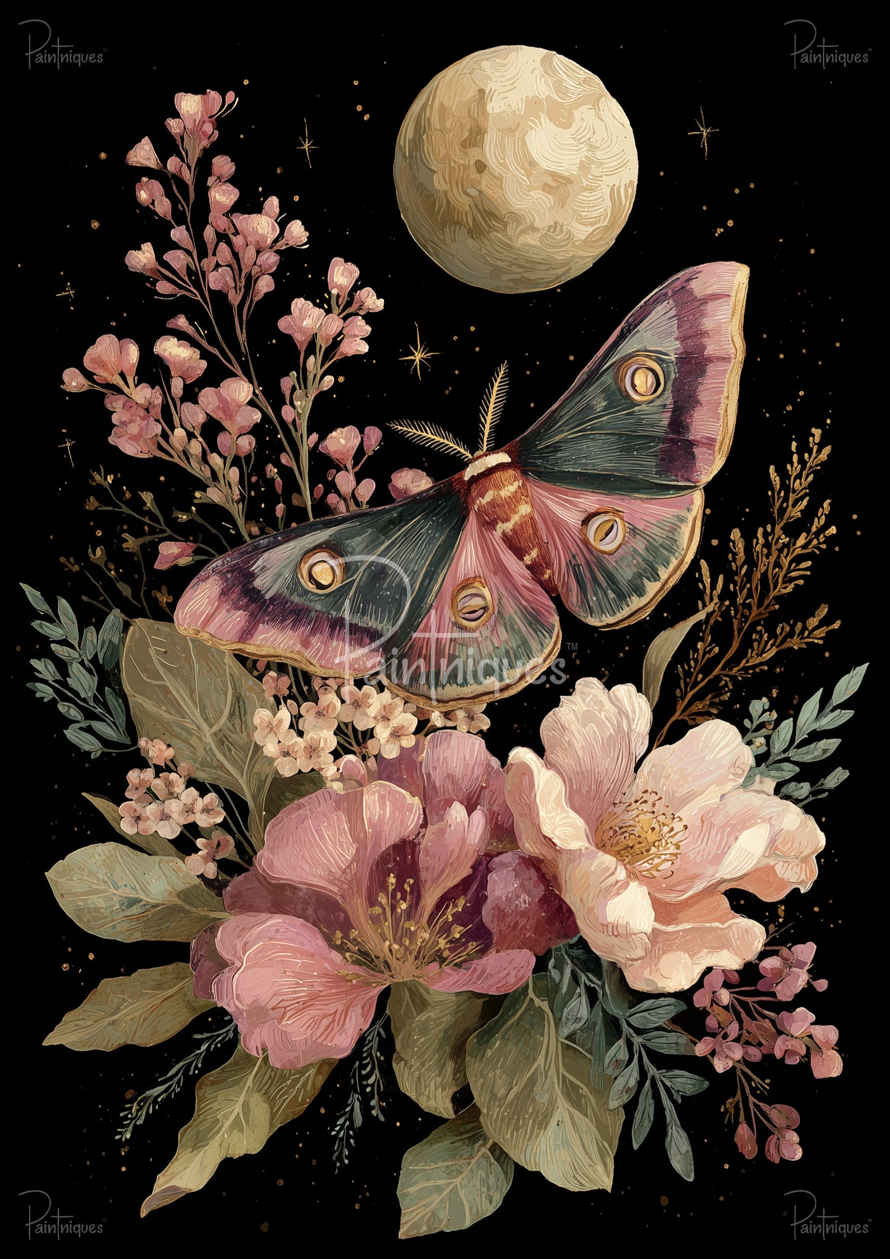 Pink-and-teal moth over pink peonies and foliage beneath a textured moon on black, star-flecked background
