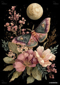 A full moon and a large moth with patterned wings rise above an arrangement of pink flowers and green leaves on a black background.