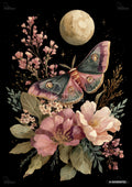 A luna moth with pink and green wings, a full moon, and pink flowers on a dark background with gold accents.