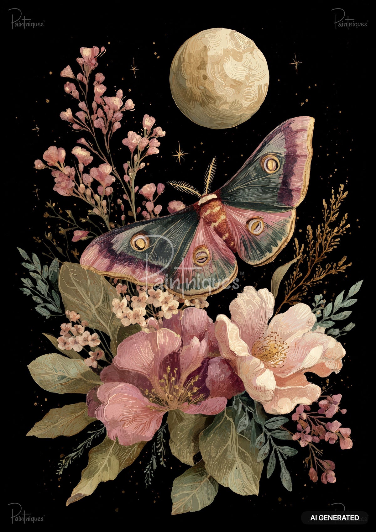 A luna moth with pink and green wings, a full moon, and pink flowers on a dark background with gold accents.