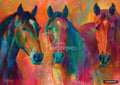 Painting of three horse heads in vibrant, swirling colors including orange, pink, blue, green, and yellow.