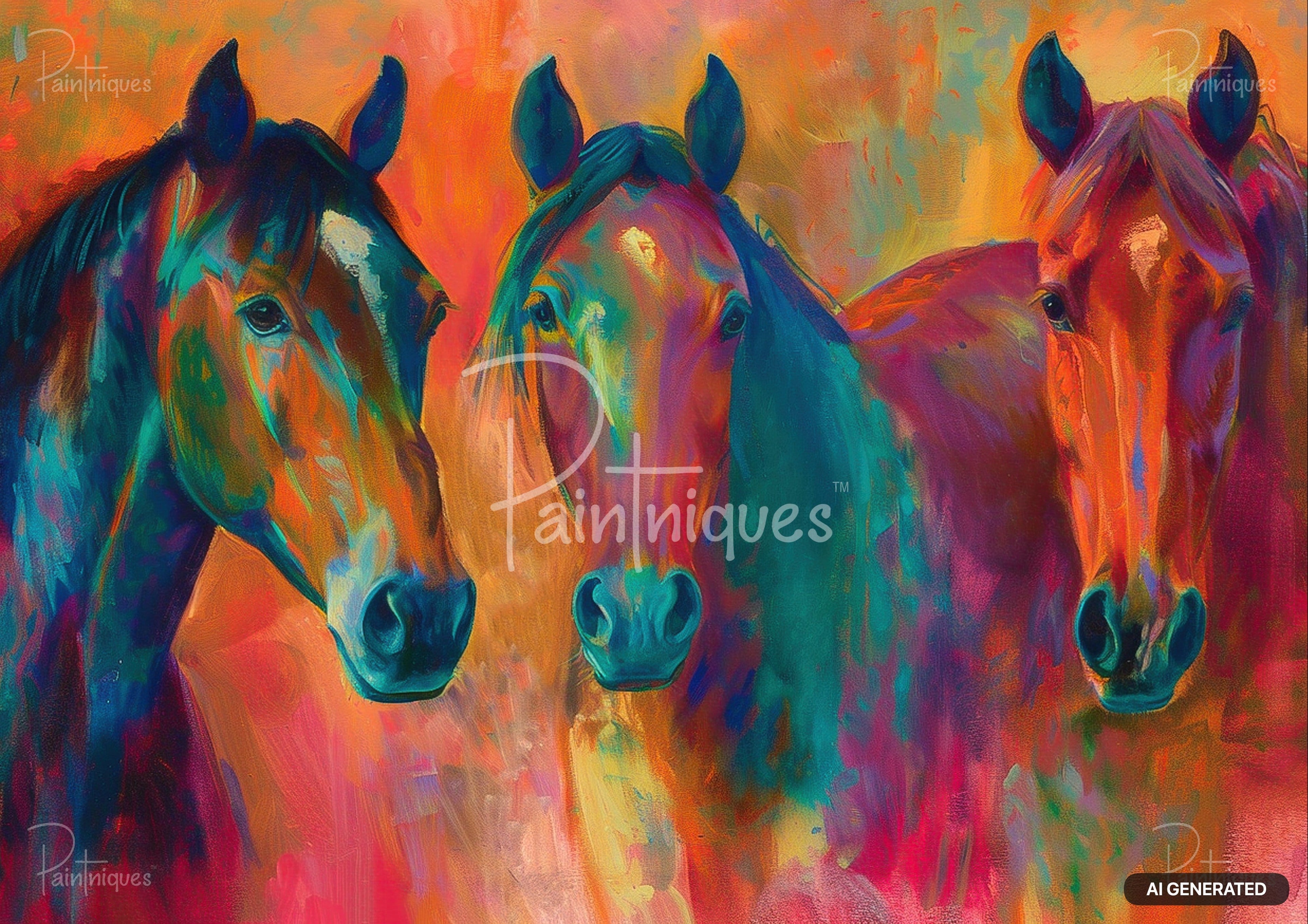 Painting of three horse heads in vibrant, swirling colors including orange, pink, blue, green, and yellow.