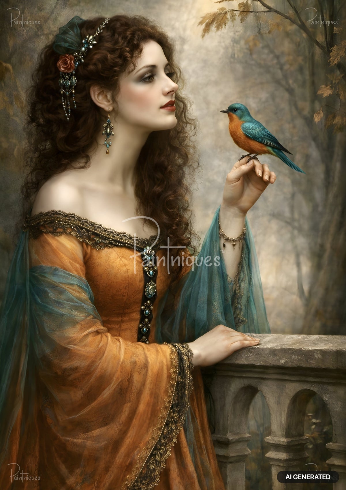 A woman with dark curly hair in an orange and teal gown, adorned with jewelry, looking at a blue and orange bird on her hand.