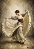 Oil painting of a barefoot woman in a flowing beige dress and brown corset, dancing with her arms outstretched.