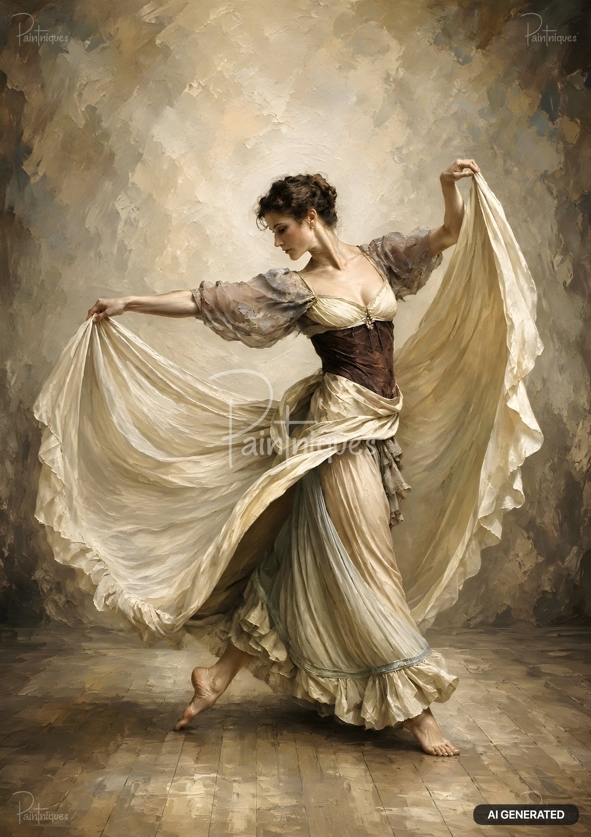 Oil painting of a barefoot woman in a flowing beige dress and brown corset, dancing with her arms outstretched.