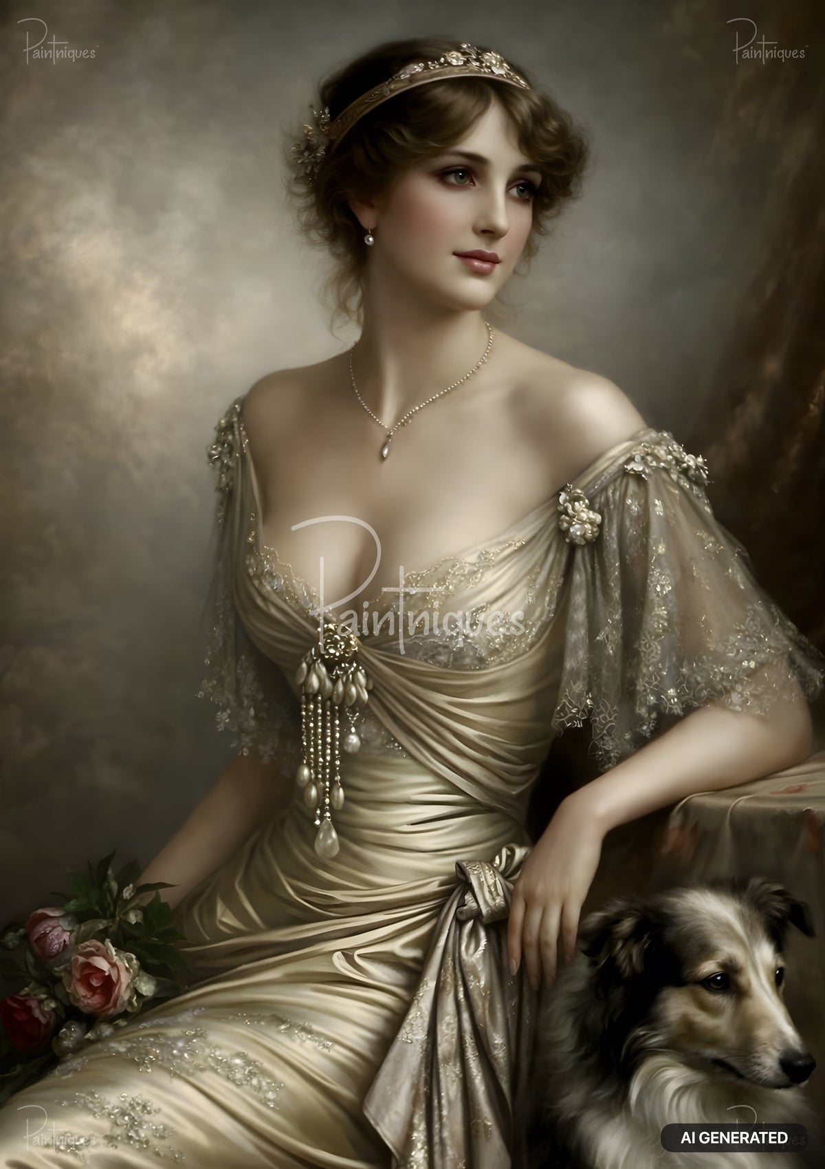 Painting of a woman in an ornate gold gown, wearing a tiara and pearls, with a brown and white dog beside her.