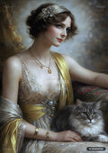 Oil painting of a woman in an elaborate golden gown, holding a fluffy grey cat with green eyes.