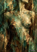 Textured artwork of a female torso made of thick paint and gold leaf in green, gold, and brown hues.