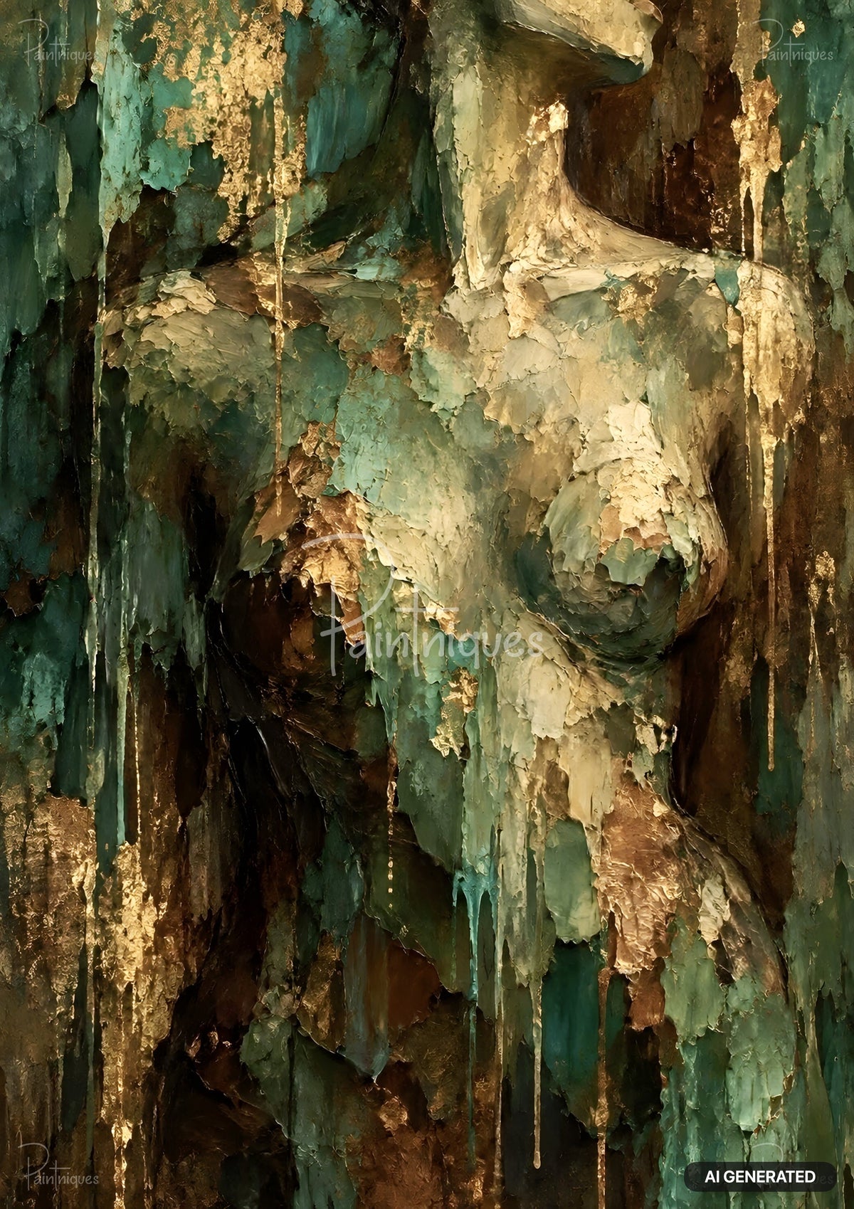Textured artwork of a female torso made of thick paint and gold leaf in green, gold, and brown hues.