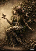 Fantasy art of a woman formed from tree roots and vines, holding a small bird, with leaves and pink flowers.