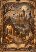 Watercolor-style illustration of a Halloween scene with a castle, jack-o'-lanterns, ghosts, and an owl under a full moon.