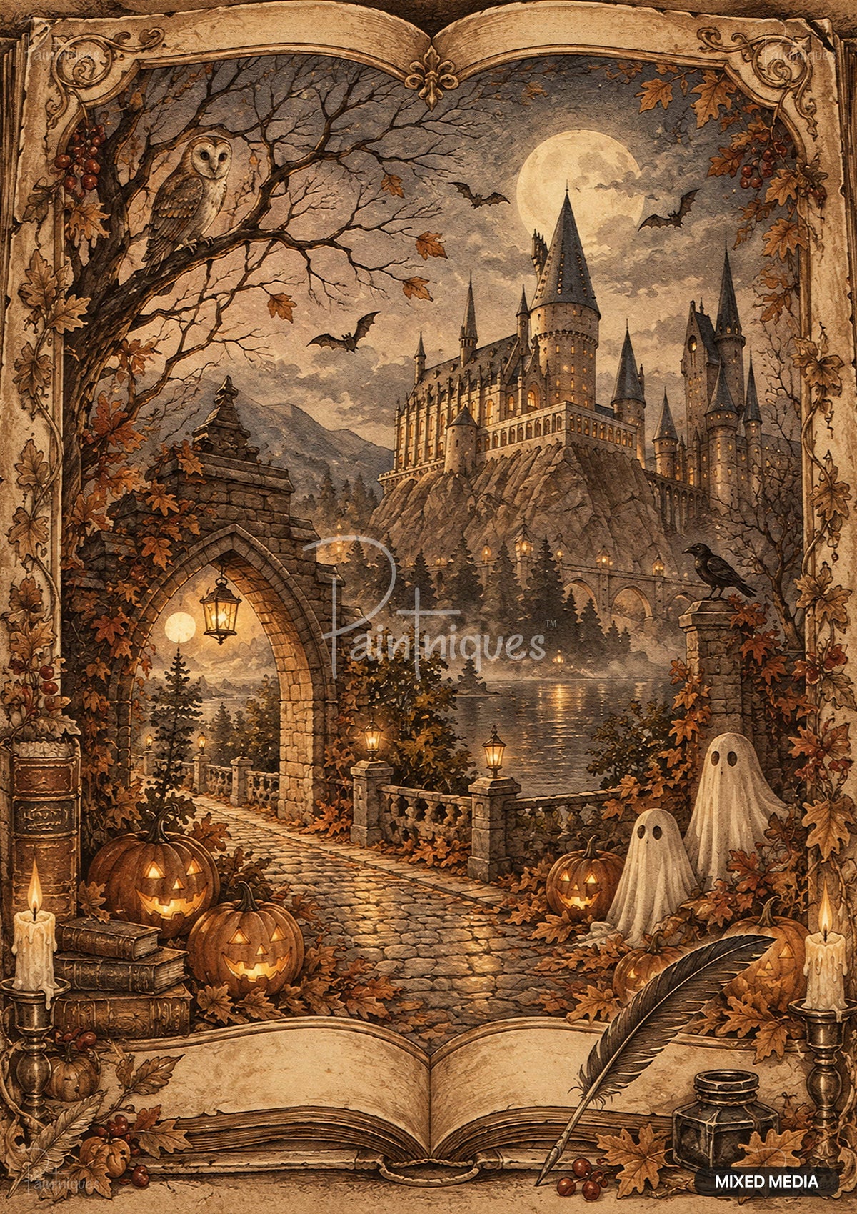 Watercolor-style illustration of a Halloween scene with a castle, jack-o'-lanterns, ghosts, and an owl under a full moon.