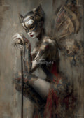 Crouching masked fairy warrior in ornate gold-black armor, red lips, wings behind, gripping a staff