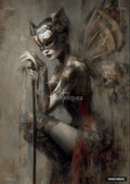 A woman in a gold and black cat-eared masquerade mask and armor, with gold butterfly wings, holding a sword.