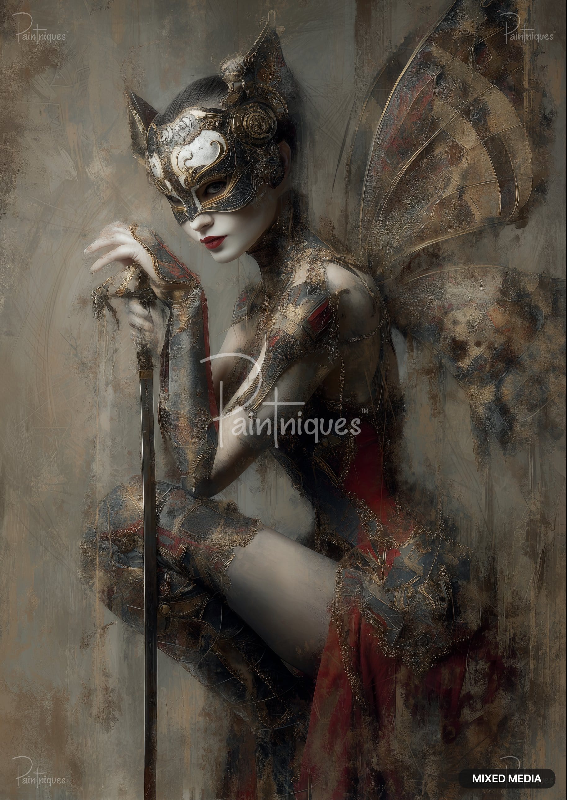 A woman in a gold and black cat-eared masquerade mask and armor, with gold butterfly wings, holding a sword.