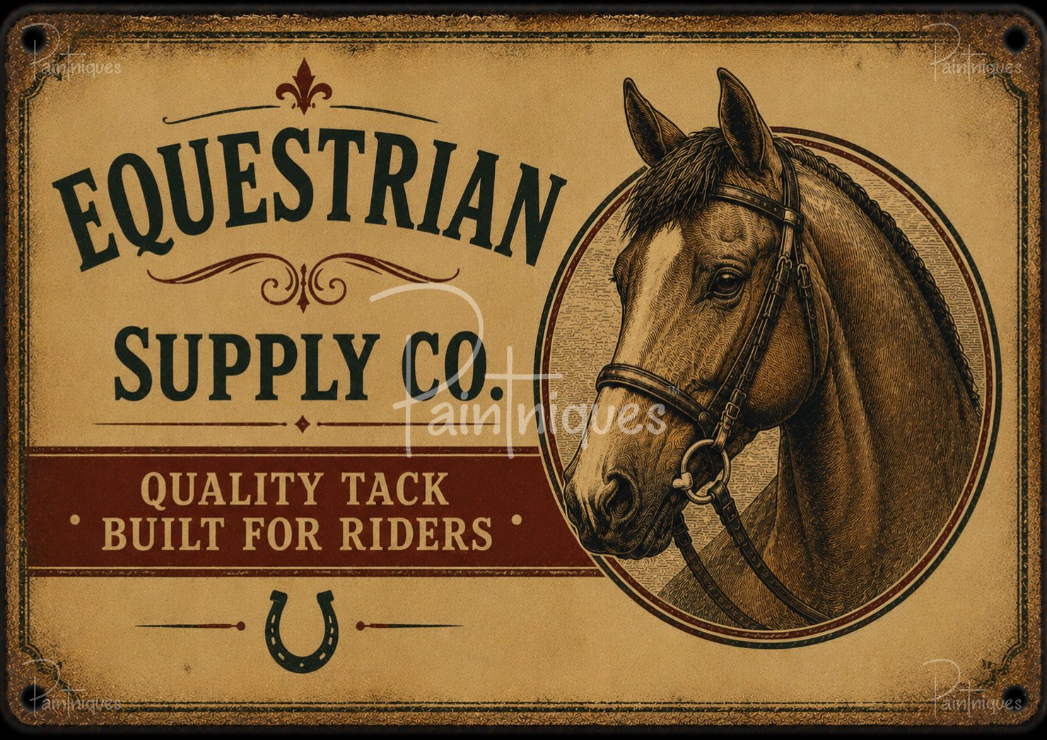 Aged beige sign with engraved horse head in an oval, bold "EQUESTRIAN SUPPLY CO." text, horseshoe and distressed border.