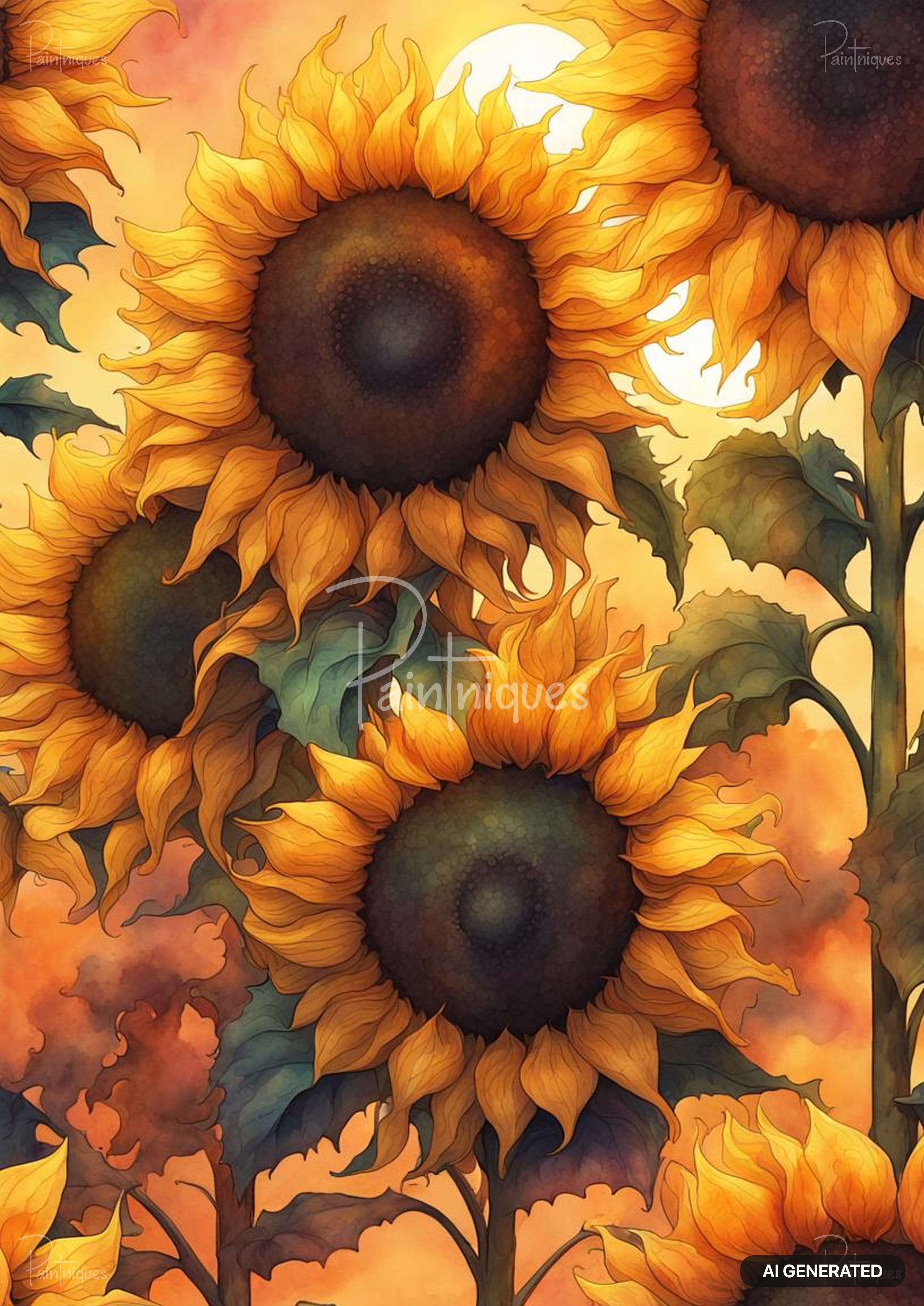Illustration of multiple sunflowers with yellow petals and dark centers against an orange and yellow sky.