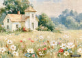 Oil painting of a white house with a tower and a red chimney set in a wildflower field with woods behind.