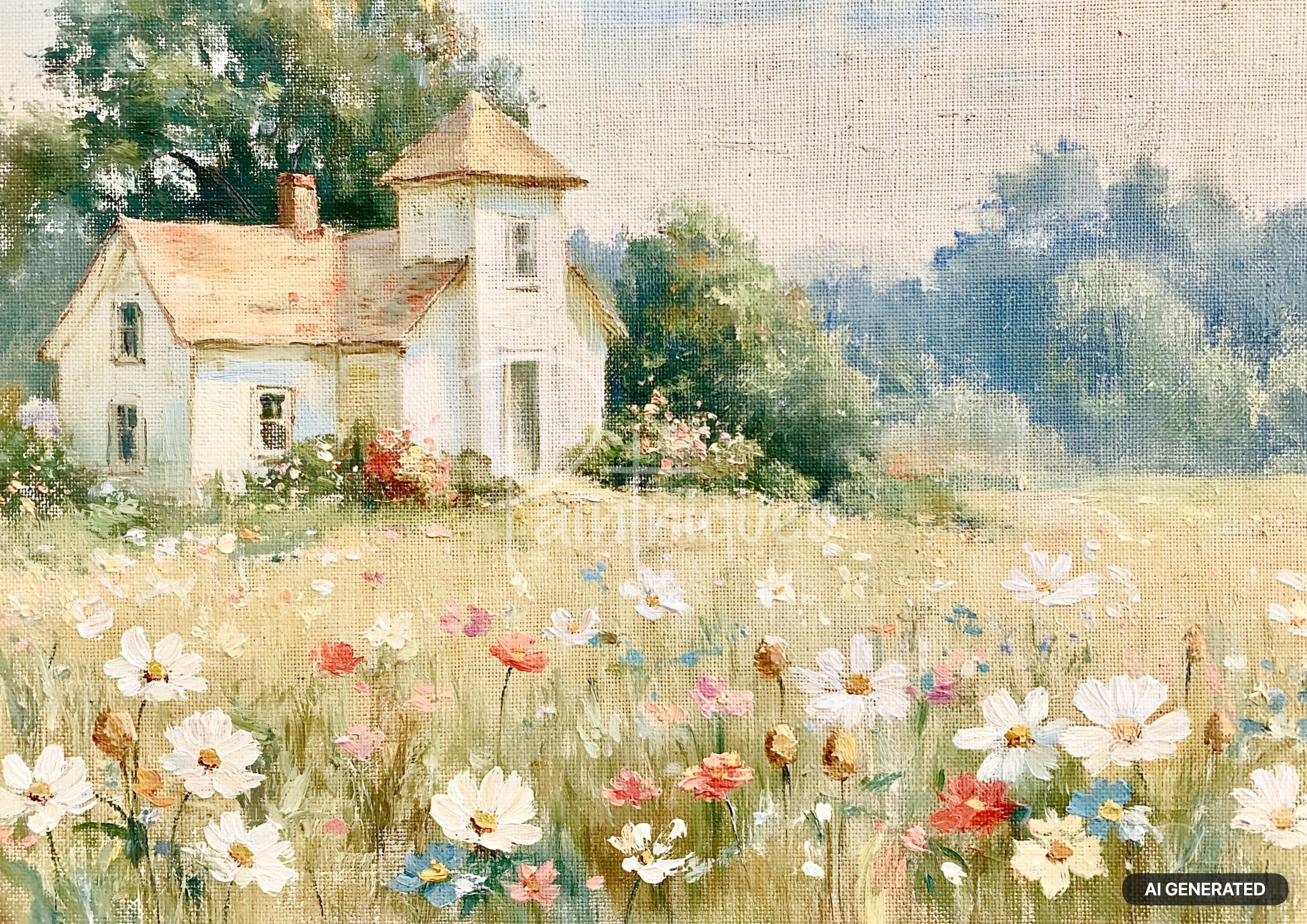 Oil painting of a white house with a tower and a red chimney set in a wildflower field with woods behind.