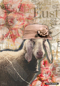 Collage of a sheep wearing a pink cloche hat with a rose, on a background of faded flowers and text.