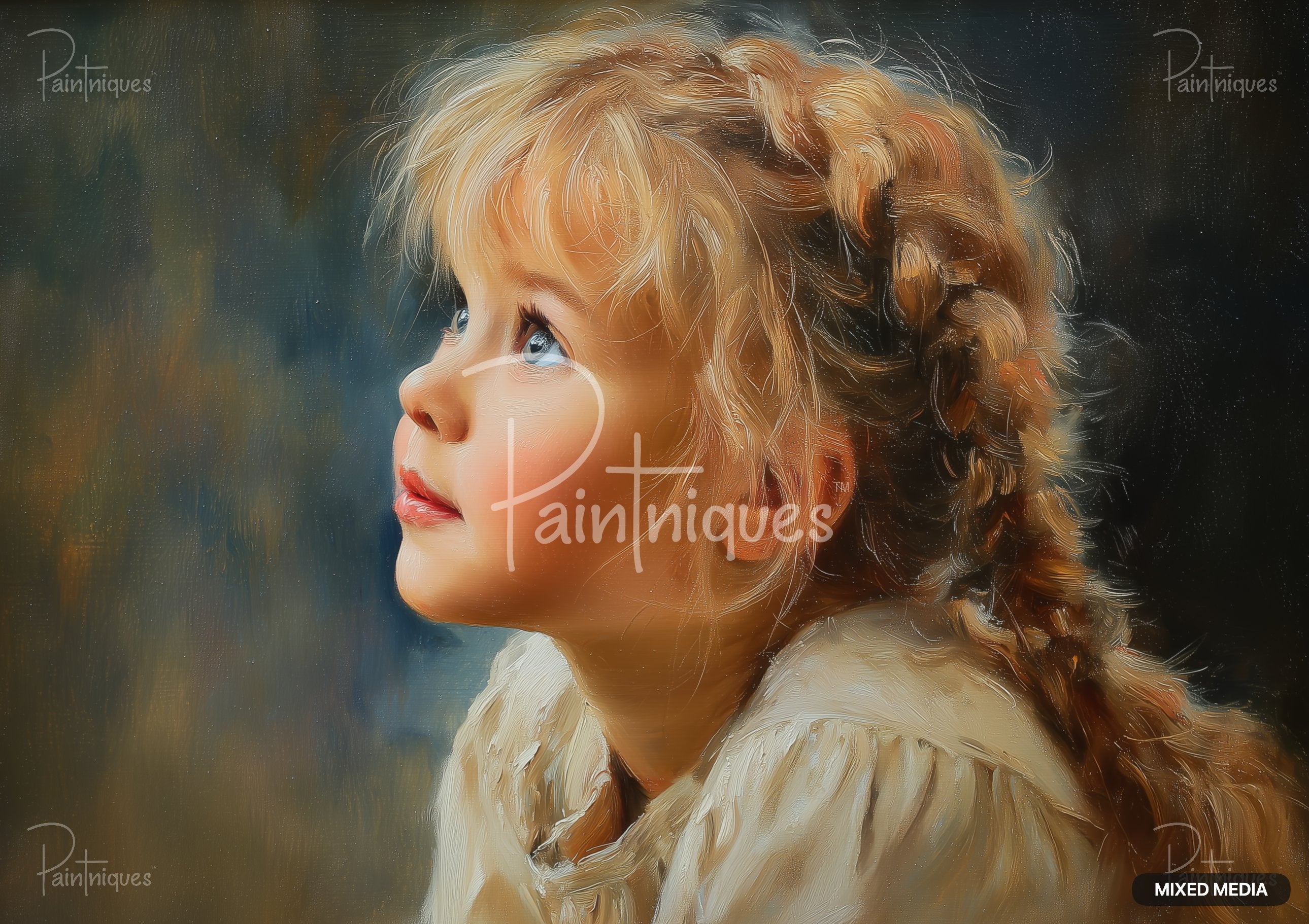 Painting of a young girl in profile, with blonde hair and blue eyes, looking up. She wears a white top.