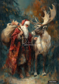 Painting of Santa Claus with a large sack over his shoulder, holding the cheek of a large reindeer with antlers.
