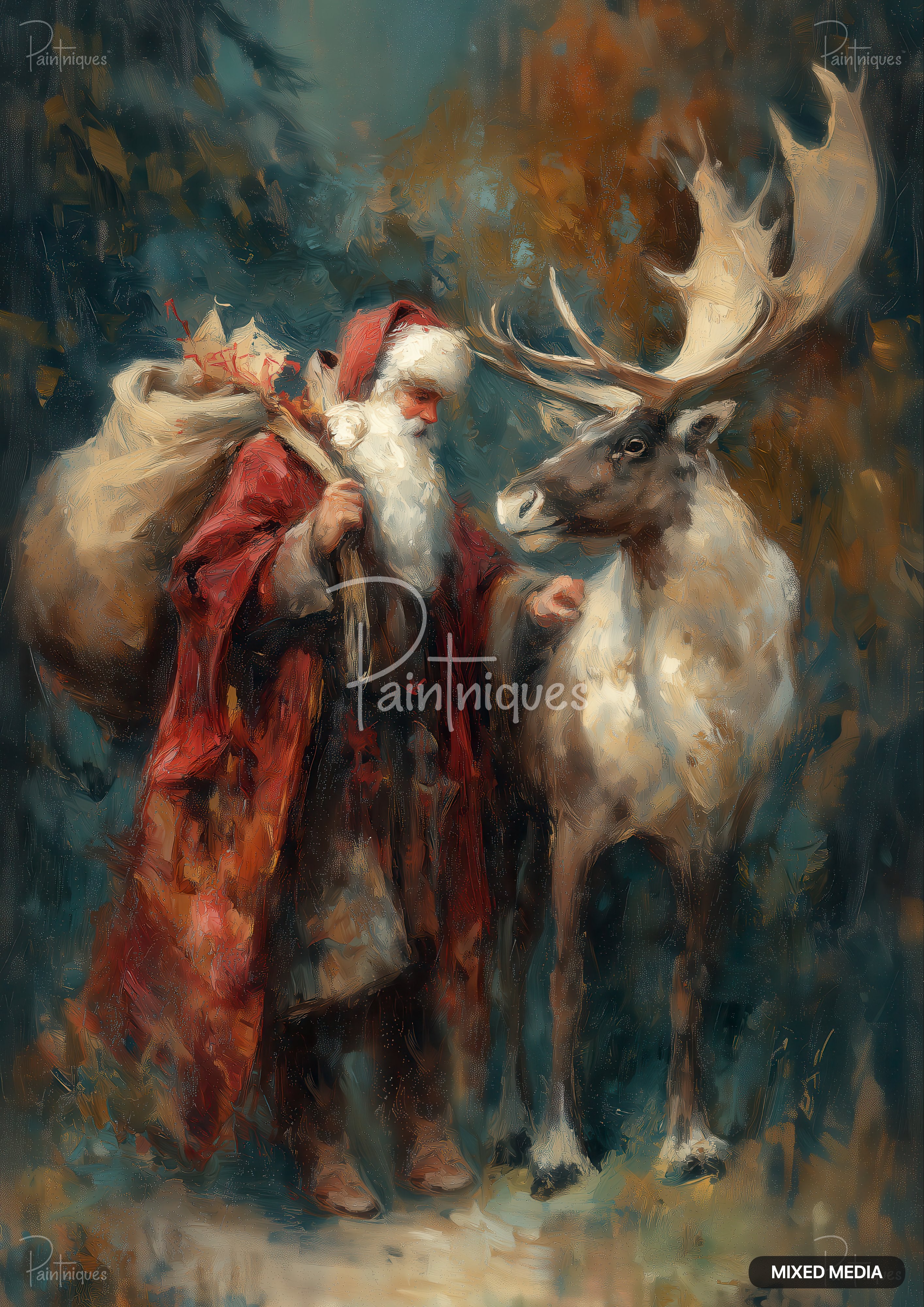Painting of Santa Claus with a large sack over his shoulder, holding the cheek of a large reindeer with antlers.