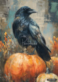 A painting of a black raven perched on an orange carved pumpkin, with background foliage in oranges and blues.