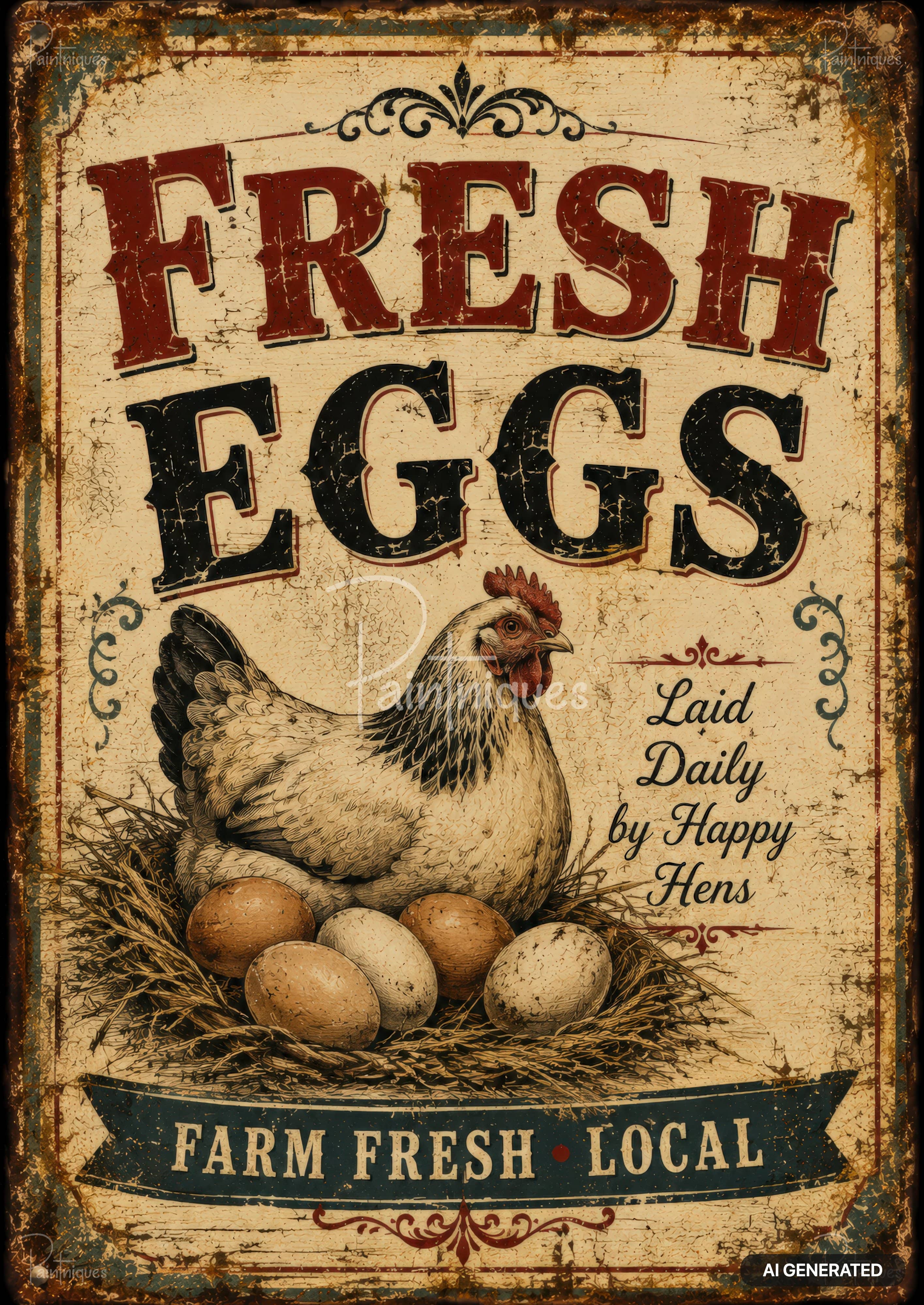 Vintage-style sign with "FRESH EGGS" text, a hen in a nest with eggs, and "Laid Daily by Happy Hens" and "FARM FRESH LOCAL."