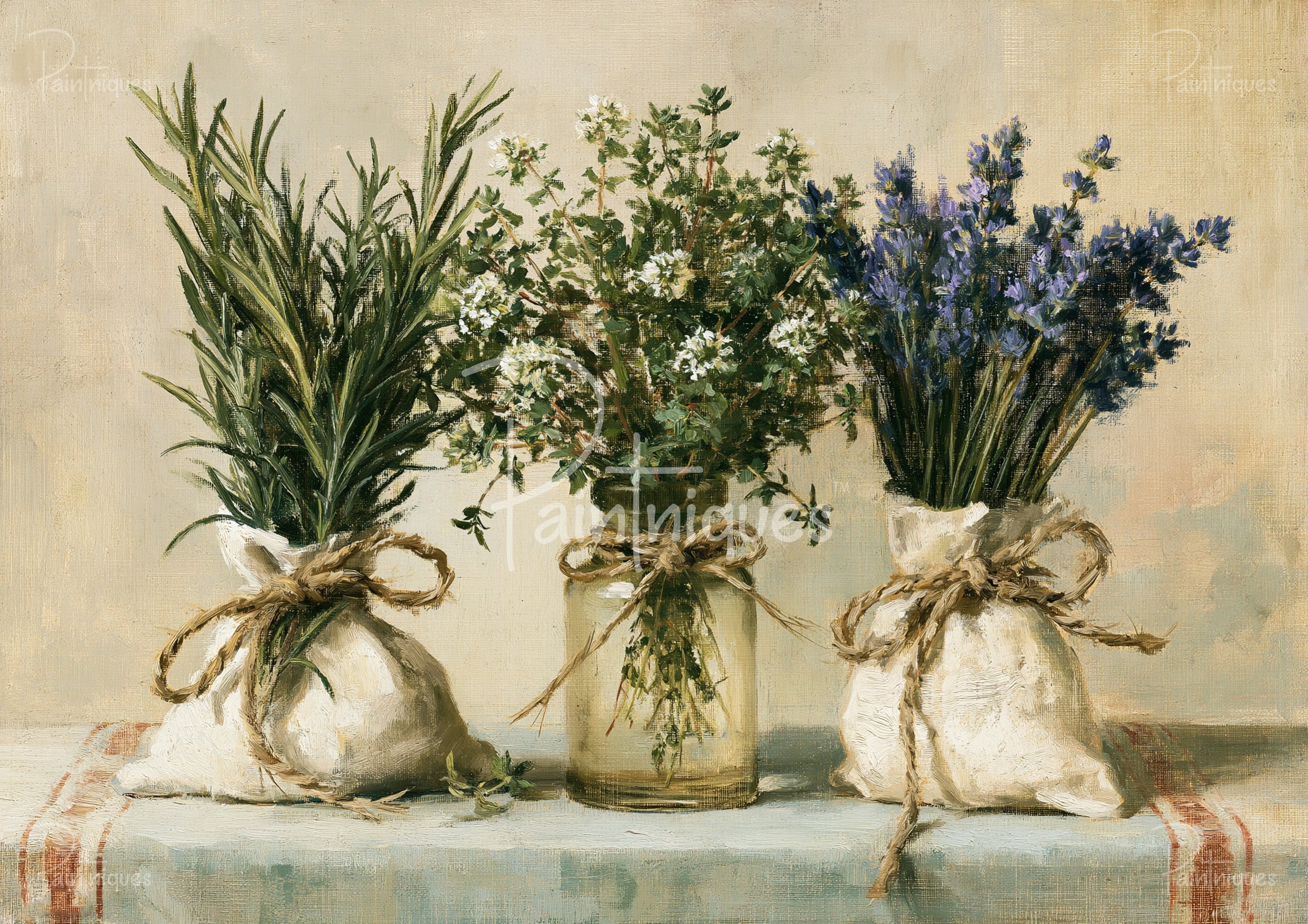 Three green bunches with white and purple blooms tied in cloth sacks and a glass jar, set on a striped tablecloth.