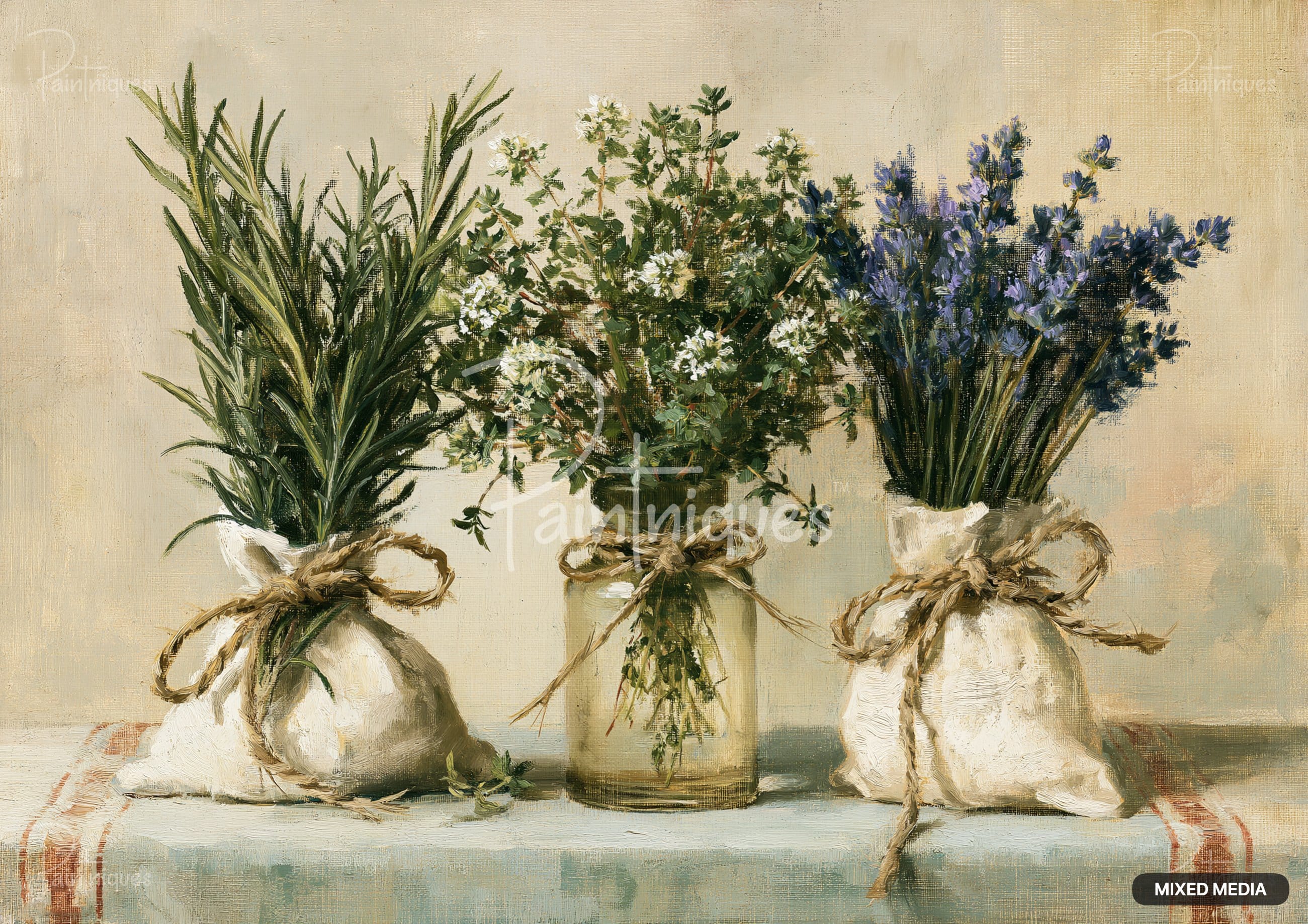 Oil painting of three herb bunches. Rosemary and lavender tied in cloth bags with twine, thyme in a jar.