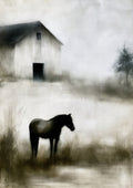 Soft monochrome painting of a lone horse silhouette in a misty field with a barn and a distant tree.