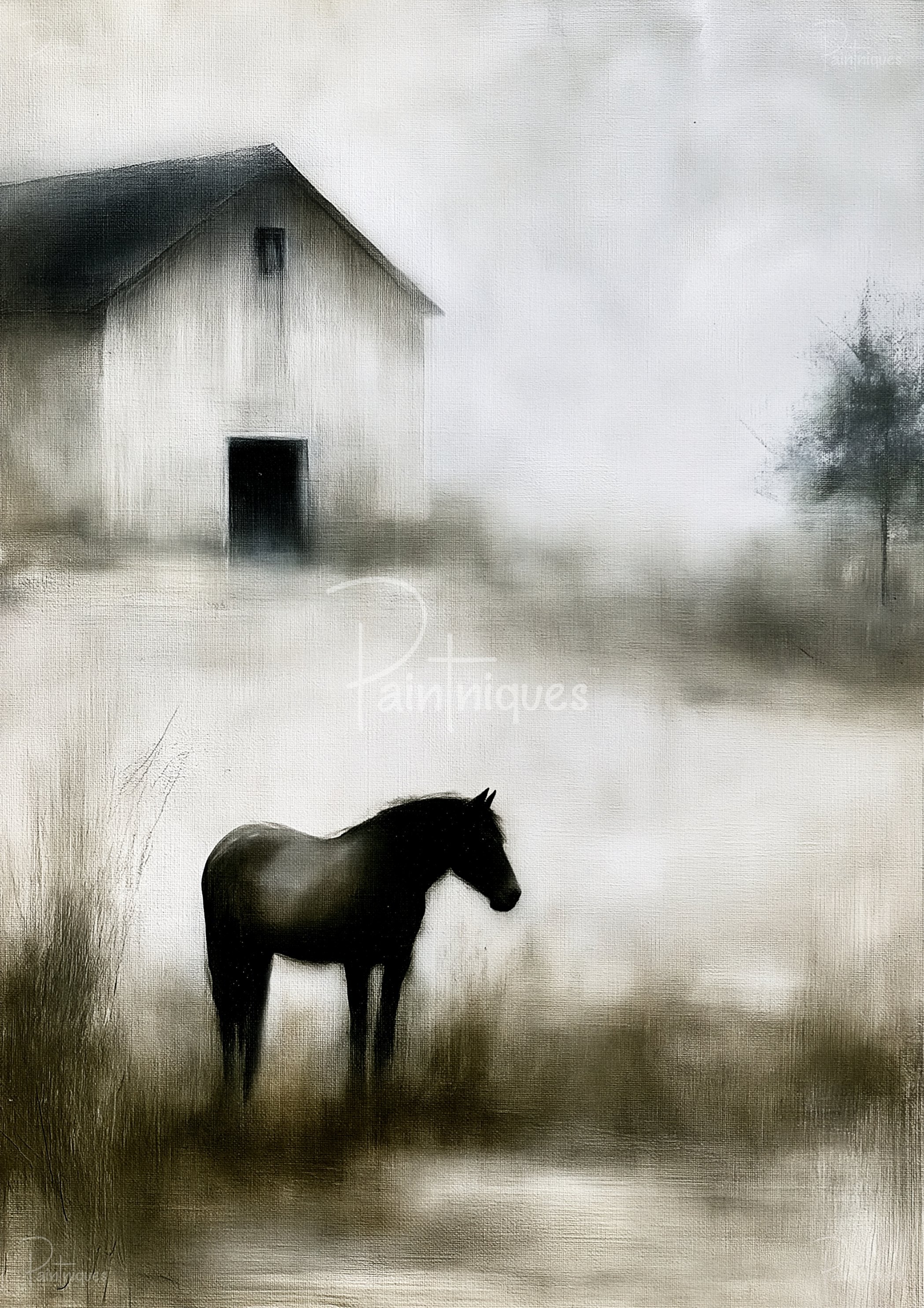 Soft monochrome painting of a lone horse silhouette in a misty field with a barn and a distant tree.