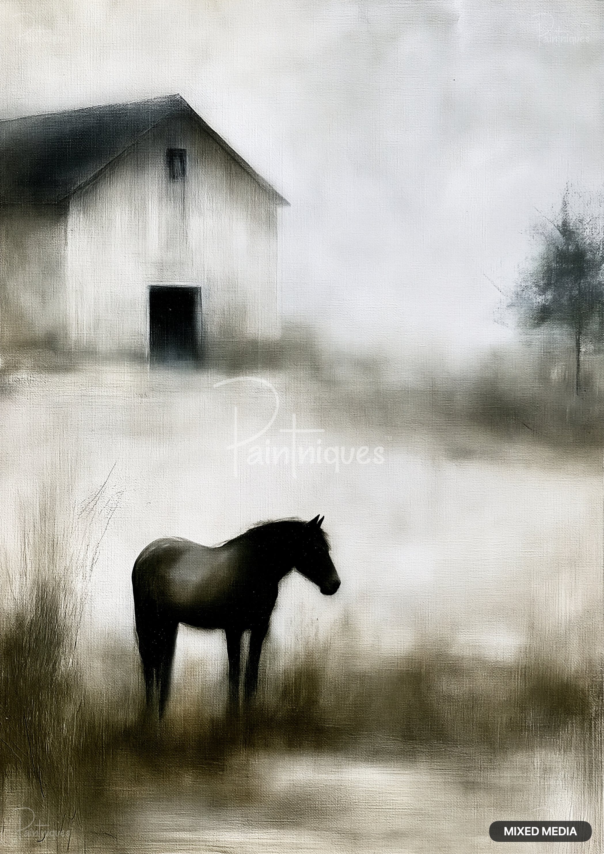 Monochromatic painting of a horse in a field, with a barn visible behind it.