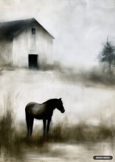 Monochromatic painting of a horse in a field, with a barn visible behind it.