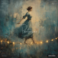 A textured painting depicts a woman in a blue dress walking a tightrope of glowing lights against a stormy sky.