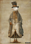 A snowman figure dressed in a tattered top hat, long distressed coat, striped vest, and boots, holding a stick.