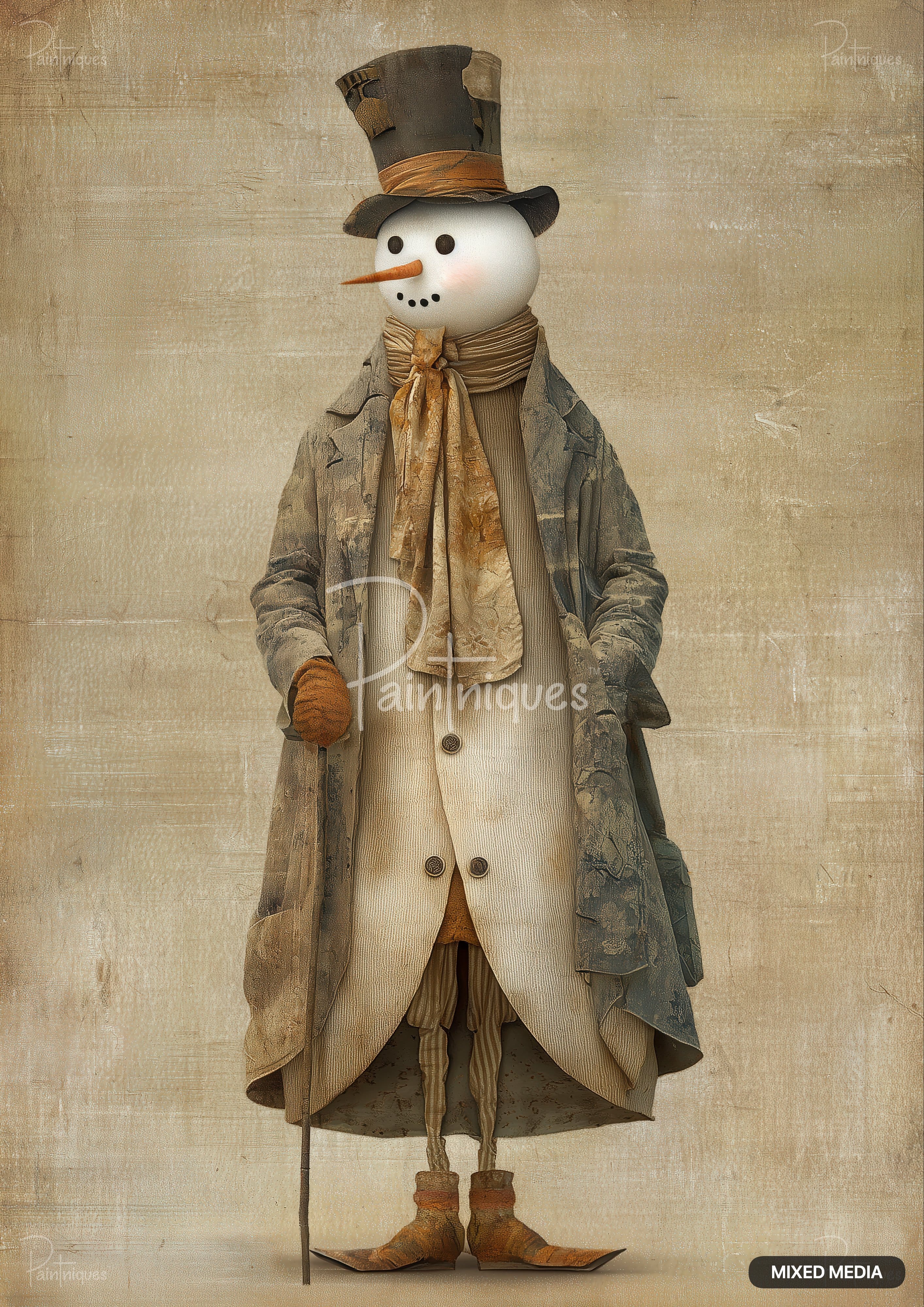 A snowman figure dressed in a tattered top hat, long distressed coat, striped vest, and boots, holding a stick.