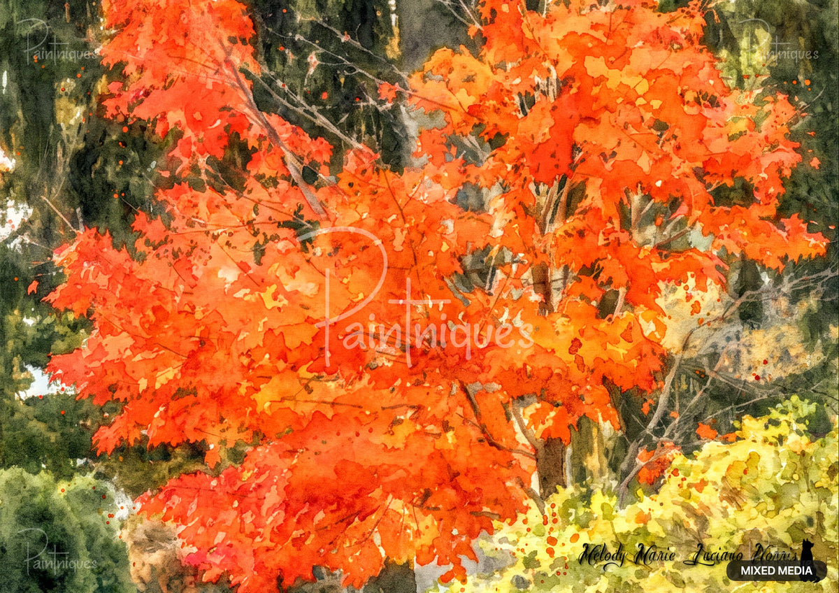 Watercolor painting of vibrant orange and red autumn tree foliage against a dark green forest.