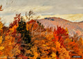 An autumn landscape painting featuring dense trees with vibrant red, orange, and gold leaves. A hazy mountain rises in the background.
