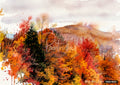 Watercolor painting of a vibrant autumn forest with red, orange, and yellow foliage and a brown distant hill under a pale sky.